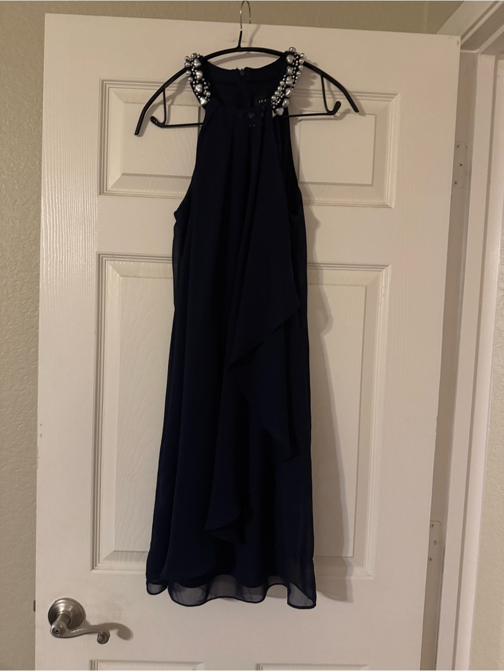 Scarlett Navy One-Shoulder Beaded Halter Dress